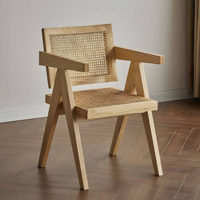 "Vine Woven Modern Courtyard Dining Chairs solid Wood Frame for Outdoor - Natural Finish With Arms"