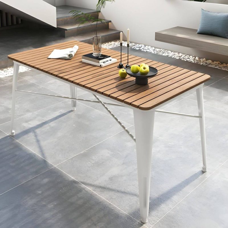 "Contemporary Style Wood Patio Table Rectangle Shape with Metal Legs in White/Black - Table Only 55.1"L x 27.6"W x 29.5"H White"