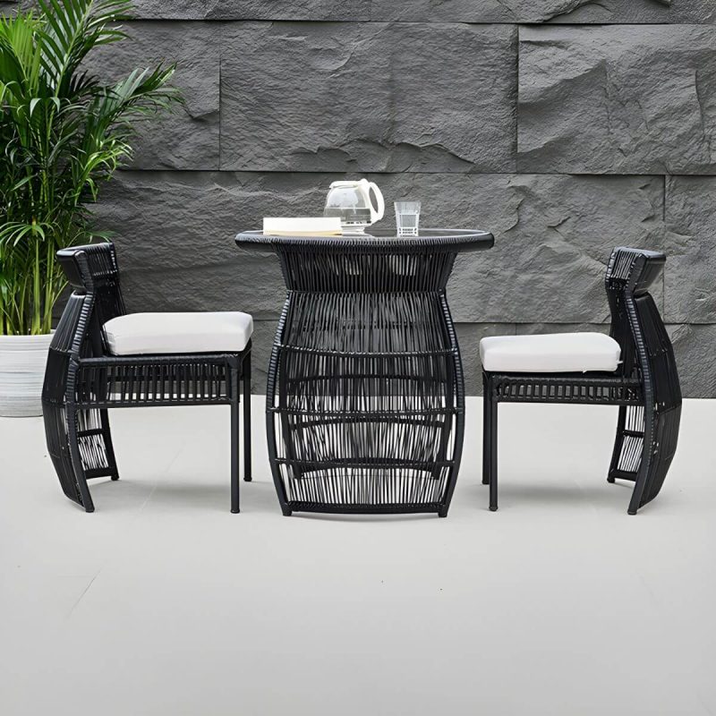 "Modern Black Round Shape Dining Room Chair and Table Set with Woven Chairs - Table & Chair(s) 2"