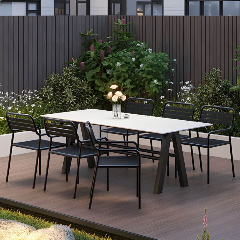 "White Stone Rectangular Patio Dining Table without Umbrella Hole - Table Only 55.1"L x 31.5"W x 29.5"H"