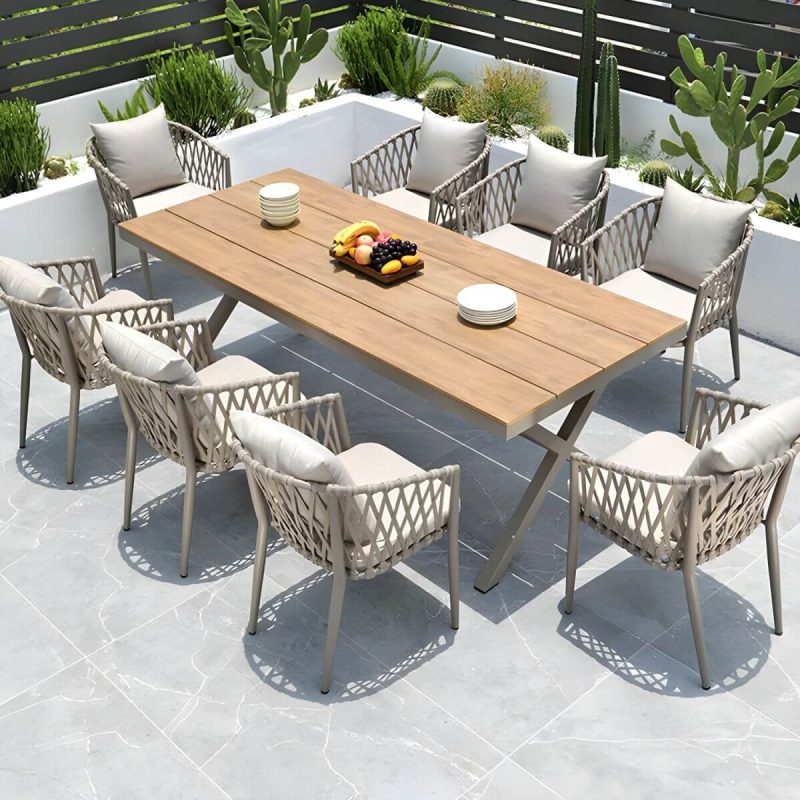 "Modern Aluminum Dining Table with Umbrella Hole in Brown and Gray Finish - Table Only 35.4"L x 35.4"W x 28.7"H"