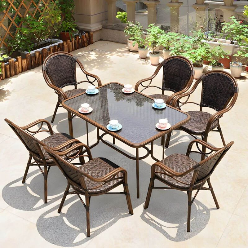 "Modern Brown Glass Top Patio Table Set Metal 4 Legs for Outdoor - Table & Chair(s) 31.5"L x 31.5"W x 28"H 4"