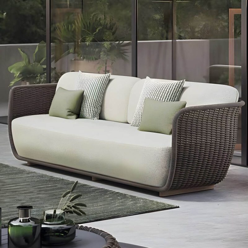 "Rattan Water Resistant Patio Sofa Symmetrical with Cushions for Outdoor - Khaki 3-Seater Sofa"