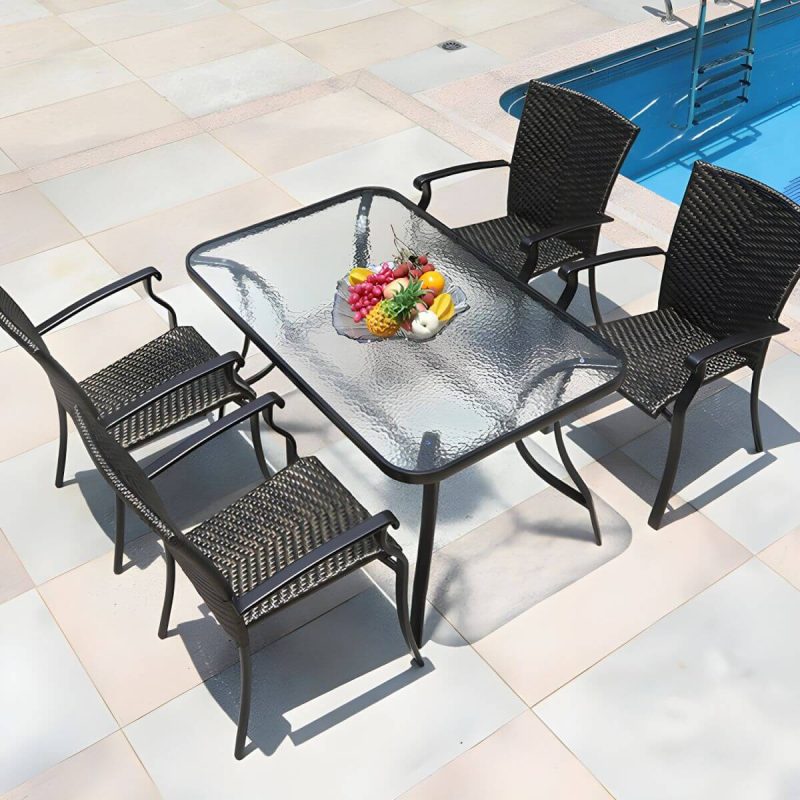 "Contemporary Glass Dining Table Set with Black Woven Chairs for Courtyard - Clear Table & Chair(s) 4 50"L x 31"W x 28"H"