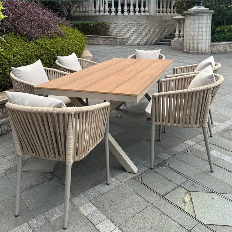 "Casual 7 Piece Set UV-proof Fabric Outdoor Dining Set with Sepia Table, Chair, and Table, 51.2"L x 35.4"W x 29.5"H, Table & 6 Chairs"