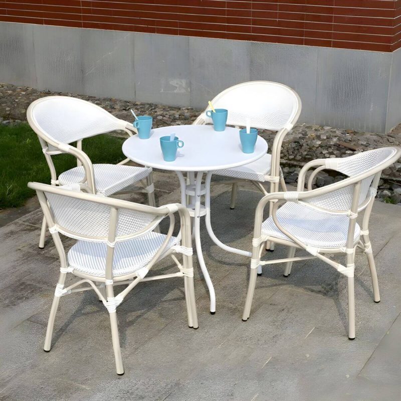 "Traditional Arm Cane Back Dining Chair Stackable for Outdoor - White 4 Piece Set"