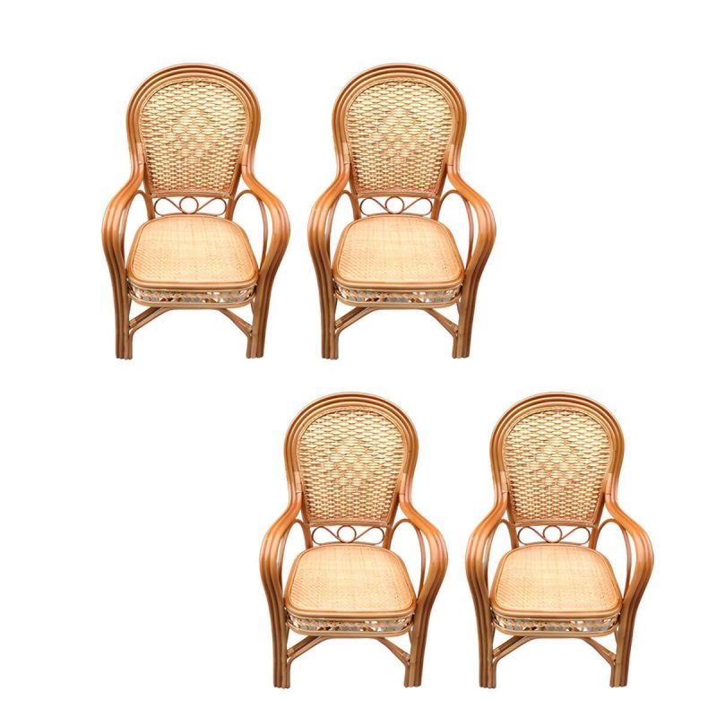 "Traditional Patio Dining Armchair in Rattan Single Outdoor Chair - Brown/ Yellow Hollow 4 Piece Set"
