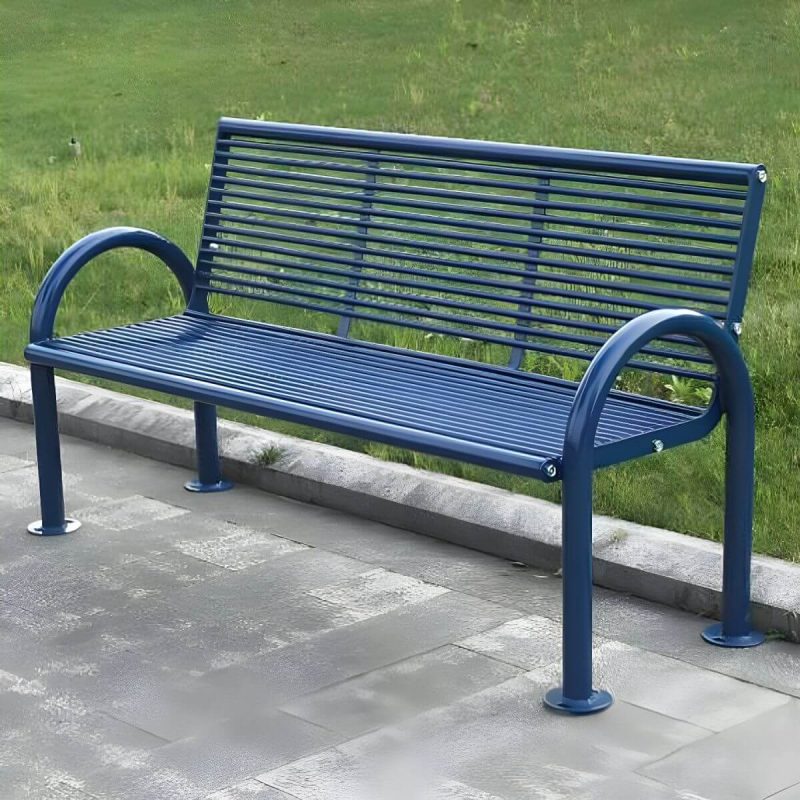 "Industrial Metal Park Bench with Waterproof Durability, Arms, and Back - Blue"