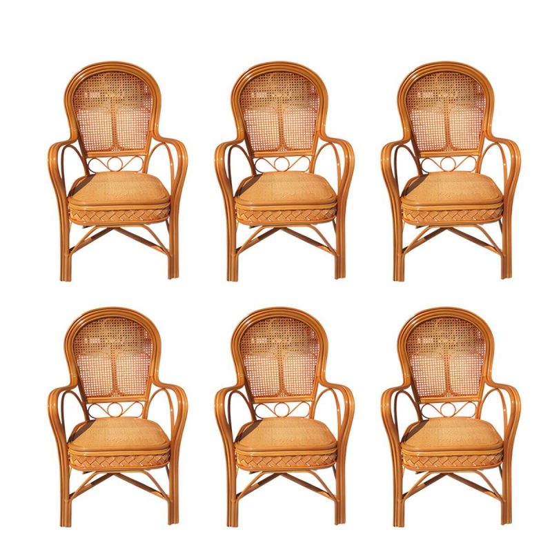 "Traditional Patio Dining Armchair in Rattan Single Outdoor Chair - Natural Finish Rattan Weaving 6 Piece Set"