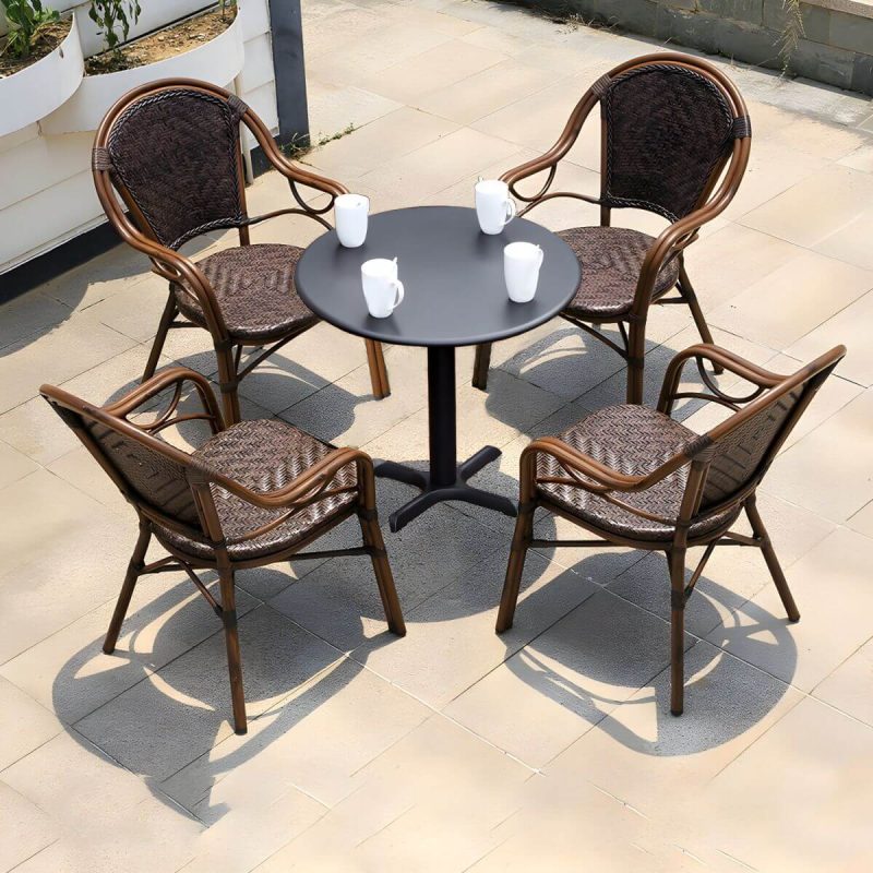 "Modern Brown Glass Top Patio Table Set Metal 4 Legs for Outdoor - Table & Chair(s) 27.6"L x 27.6"W x 28.3"H 4"