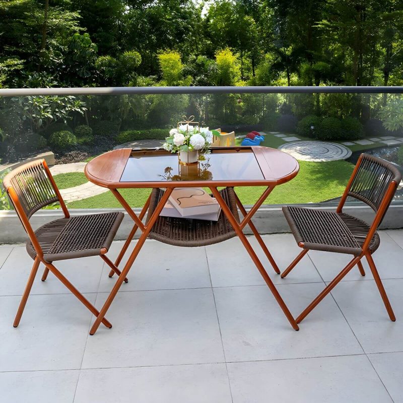 "Contemporary Table Furniture Set with 2 Woven Chair for Courtyard - Table & Chair(s) 2 Glass"
