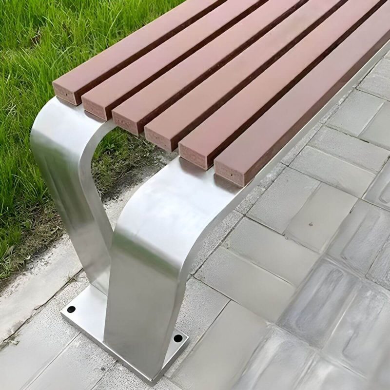 "Industrial Style Park Bench - Stainless Steel Frame, Brown Wood Seat, Water Resistant, Non-Foldable - Coffee"