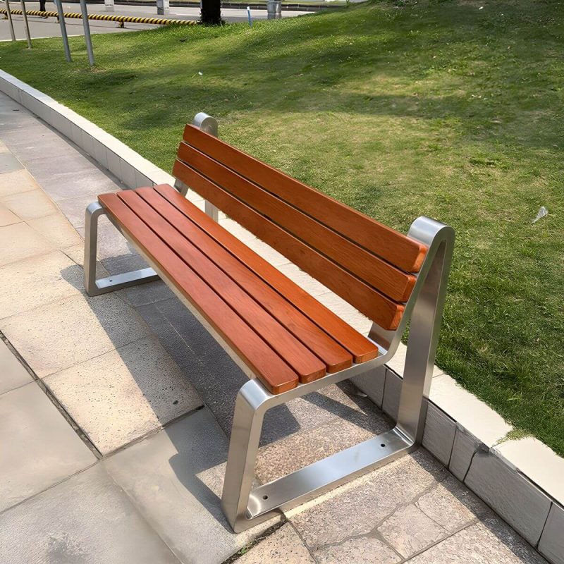 "Stainless Steel Metal Park Bench with Brown Wood Seating and Back - Dark Brown"