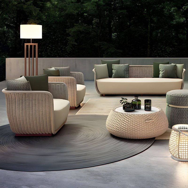 "Rattan Water Resistant Patio Sofa Symmetrical with Cushions for Outdoor - Khaki 1-Seater Sofa"