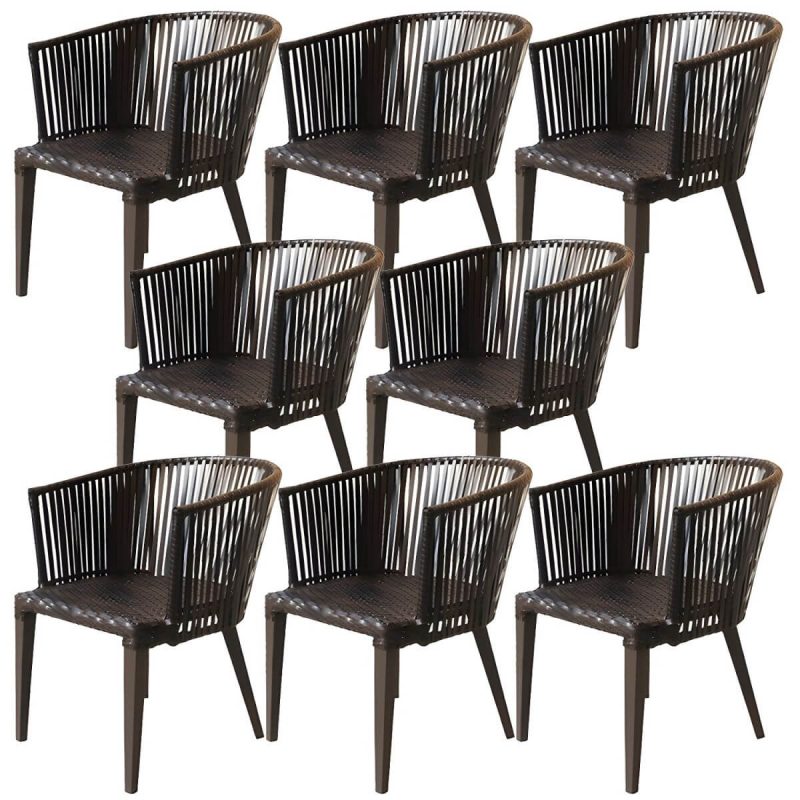 "Traditional Brown Wicker Arm Chair with Wicker Back for Patio Dining, UV Resistant and Non-Swivel - 8 Piece Set"