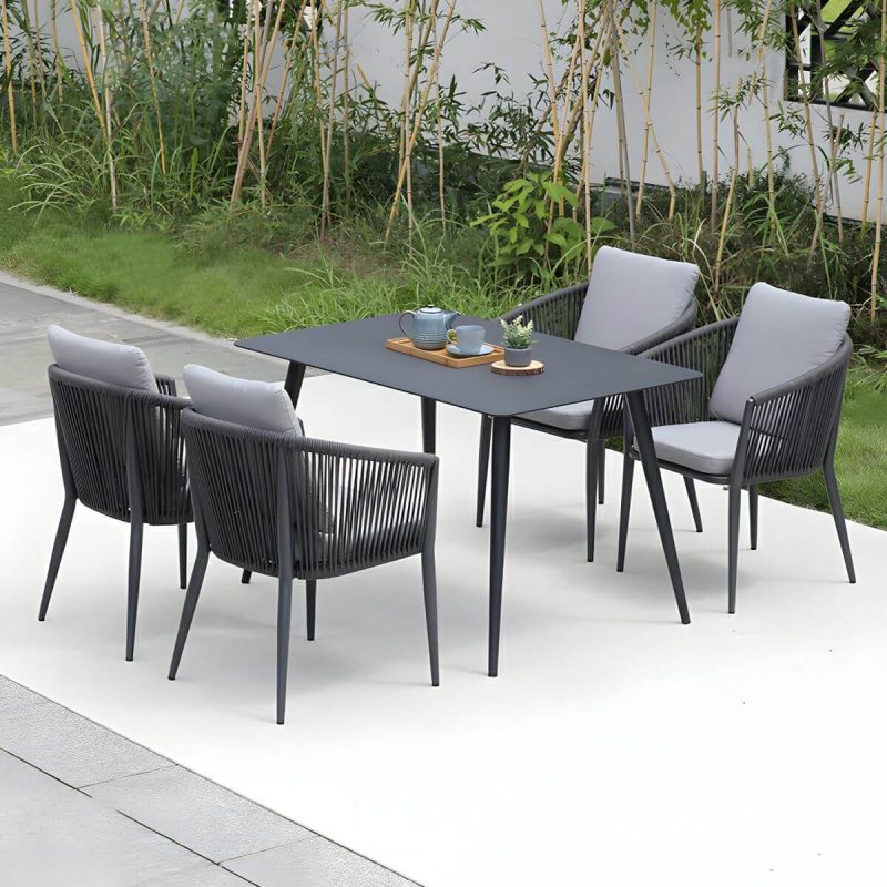 "Contemporary Dining Table Set with Woven Chairs for Courtyard - Table & Chair(s) 118 x 80 x 74 cm 4"