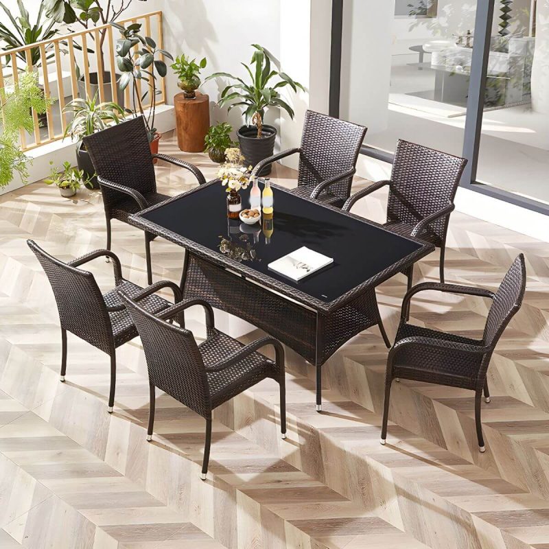 "Modern Style Dining Set Glass Top 5/7 Pieces Water Resistant Dining Set - Table & Chair(s) 6 Rectangular Black"