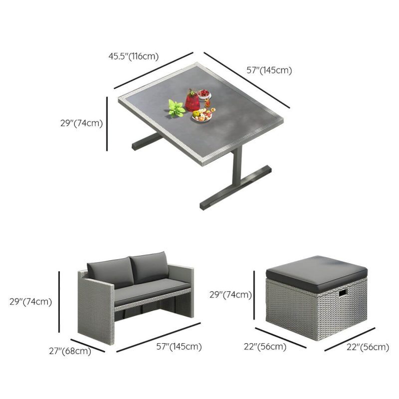 "Dimension of Modern UV Resistant White Patio Dining Set with Upholstered Chairs and Removable Cushions - Table & 2 Chairs & 4 Benches 57"L x 46"W x 29"H Stone Grey"