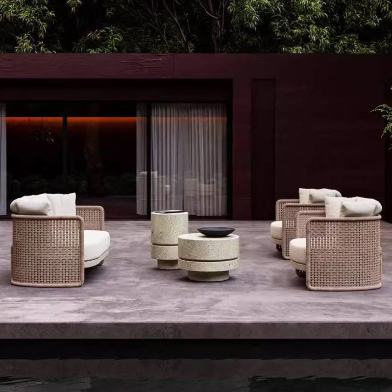 "Trendy U-Shape Sofa for 3 with Brown Frame, Sponge Fill, UV Resistance, and Cushion Included, Cord, 3-Seater Sofa"