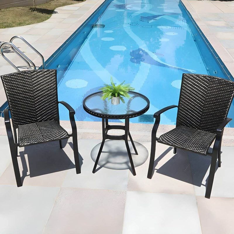 "Contemporary Glass Dining Table Set with Black Woven Chairs for Courtyard - Table & Chair(s) 23.6"L x 23.6"W x 26.8"H 2 Clear"
