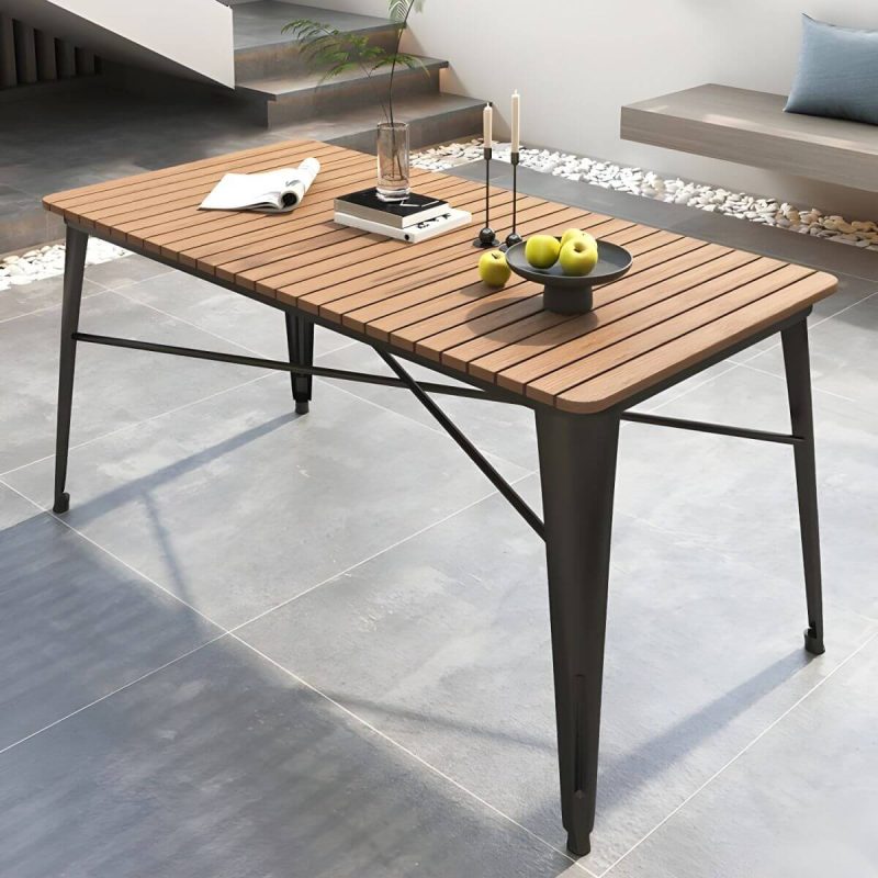 "Contemporary Style Wood Patio Table Rectangle Shape with Metal Legs in White/Black - Table Only 55.1"L x 27.6"W x 29.5"H Black"