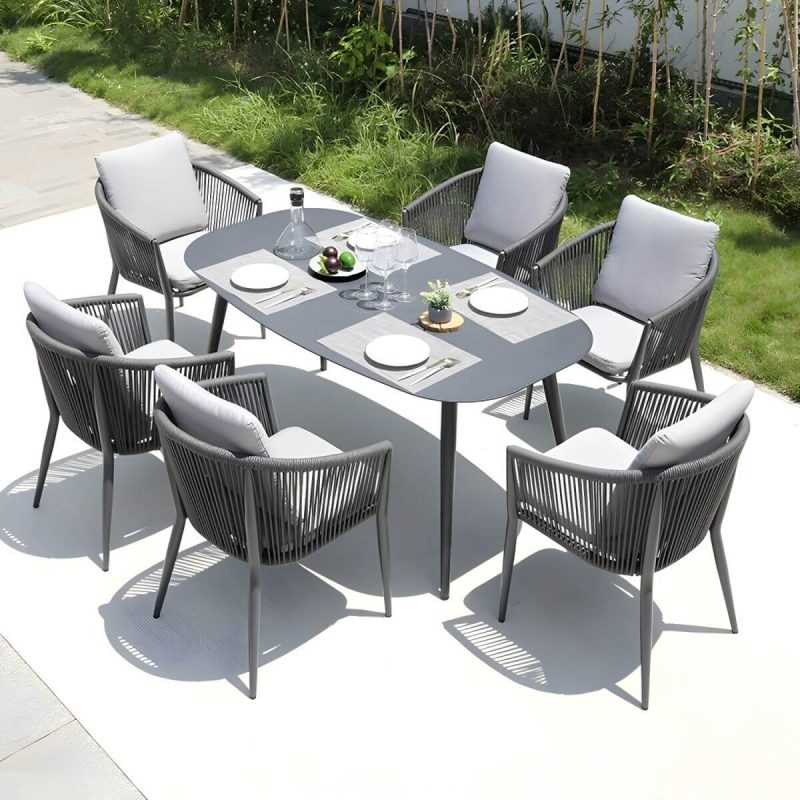 "Contemporary Dining Table Set with Woven Chairs for Courtyard - Table & Chair(s) 160 x 90 x 74 cm 6"