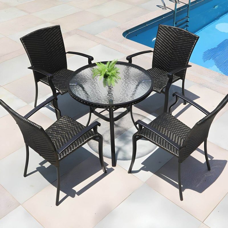 "Contemporary Glass Dining Table Set with Black Woven Chairs for Courtyard - Table & Chair(s) 31.5"L x 31.5"W x 28.3"H 4 Brown/ Clear"