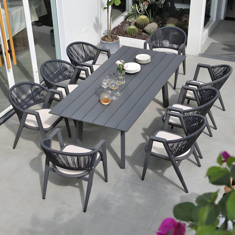 "Contemporary Gray 11-Piece Weatherproof Patio Dining Set with Gray Wicker Chairs - Table & 8 Chairs 81"L x 39"W x 29"H"