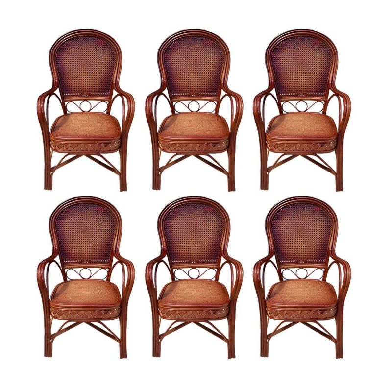 "Traditional Patio Dining Armchair in Rattan Single Outdoor Chair - Red Brown Rattan Weaving 6 Piece Set"