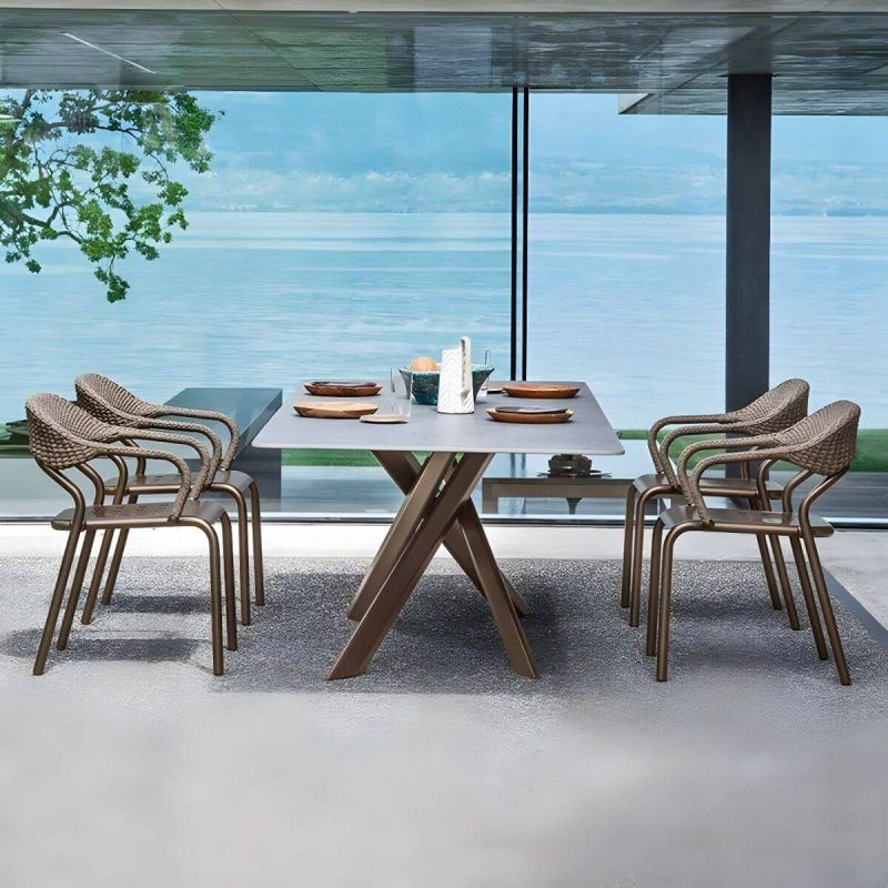 "Grey Stone Top Metal Frame Patio Dining Table without Umbrella Hole - 70.9"L x 35.5"W x 29.1"H Table Only"