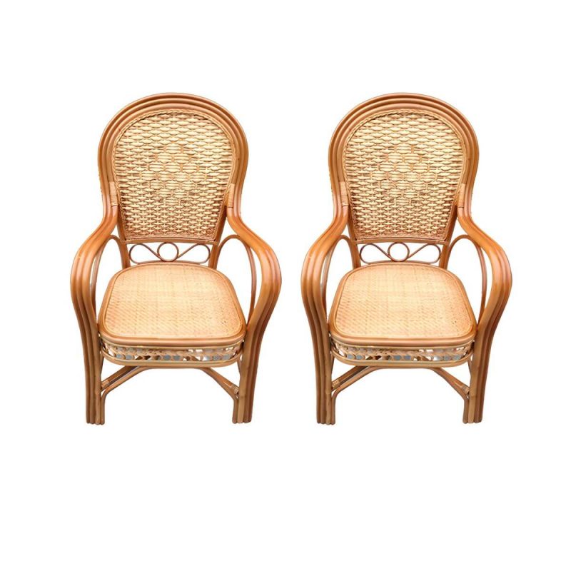 "Traditional Patio Dining Armchair in Rattan Single Outdoor Chair - Brown/ Yellow Hollow 2 Piece Set"