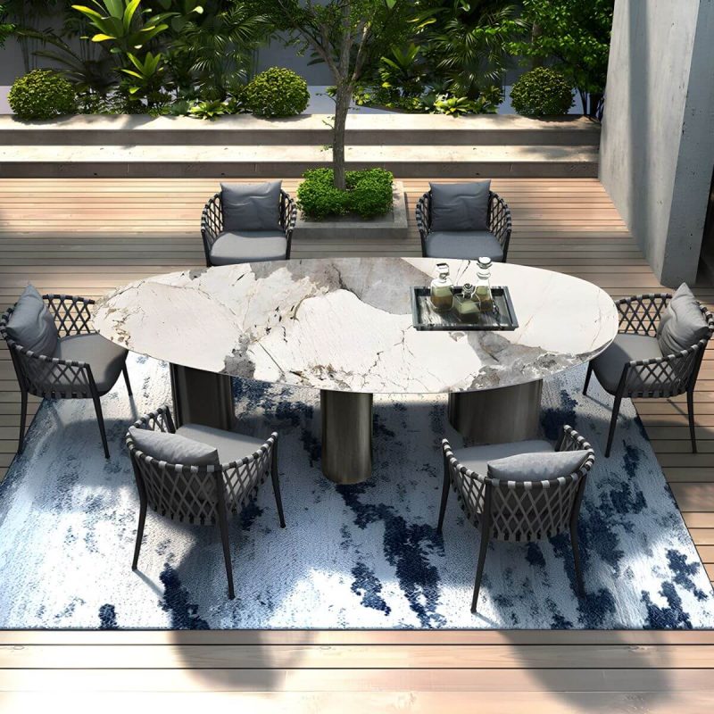 "Boho Oval Dining Table Set 1/4/7 Pcs Stone and Metal Patio Dining Table with Chairs - Table & Chair(s) 63"L x 31.5"W x 29.5"H 6"
