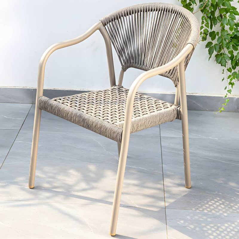 "Modern Stackable Brown Metal Arm Chair with Wicker Back for Patio Dining - 1 Piece"