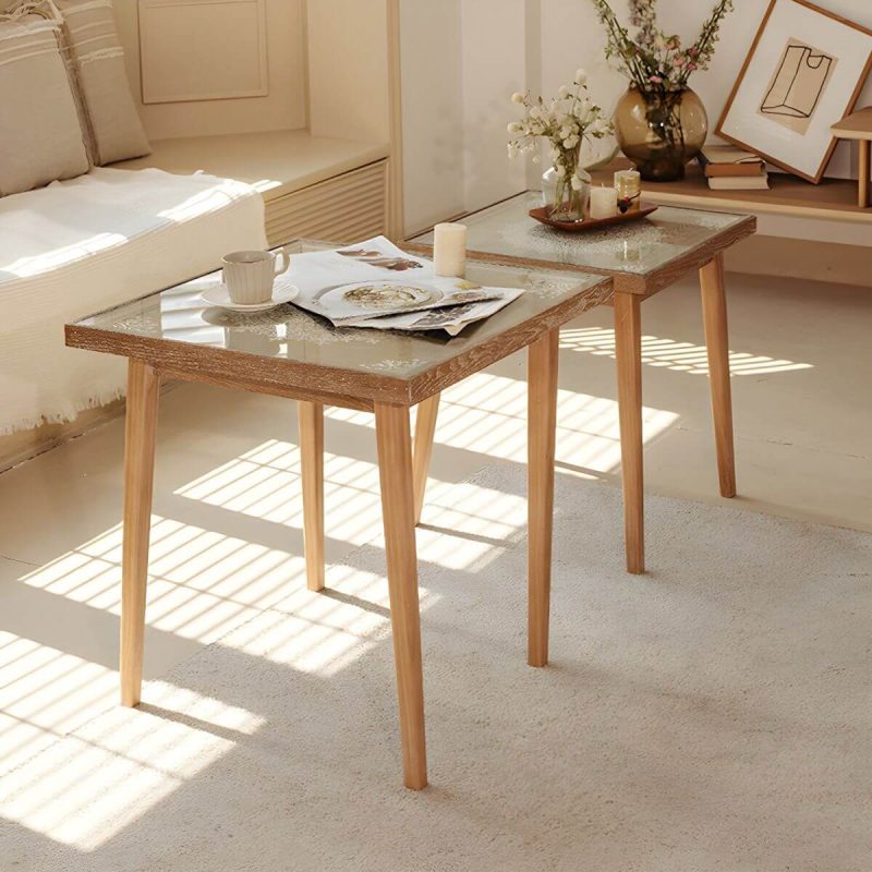 "Modern Square Wood Patio Chat Table with Glass Top in Brown Finish - Table Only 60 x 60 x 60 cm"