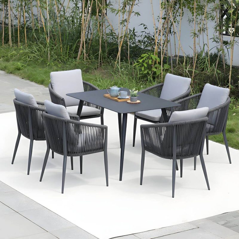 "Contemporary Dining Table Set with Woven Chairs for Courtyard - Table & Chair(s) 118 x 80 x 74 cm 6"