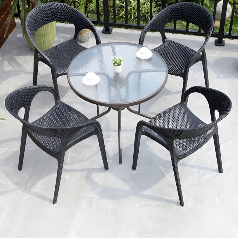 "Contemporary Black Plastic Outdoor Bistro Chairs with Arms and 4 Legs - 2 Piece Set"