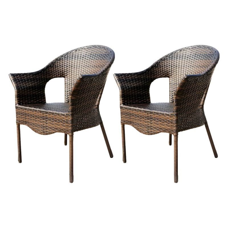 "Stackable Traditional Metal Arm Chair with Brown Wicker Back and Rust Resistant Aluminum Frame - 2 Piece Set"