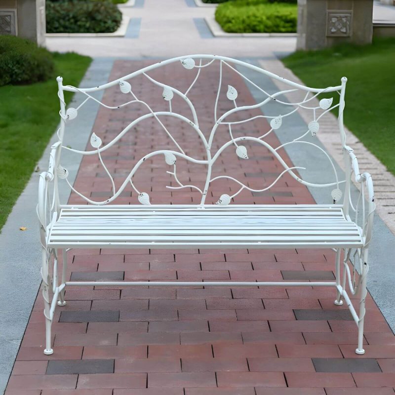 "White Bohemian Style Park Benches Metal distressed Antirust for Outdoor - White"