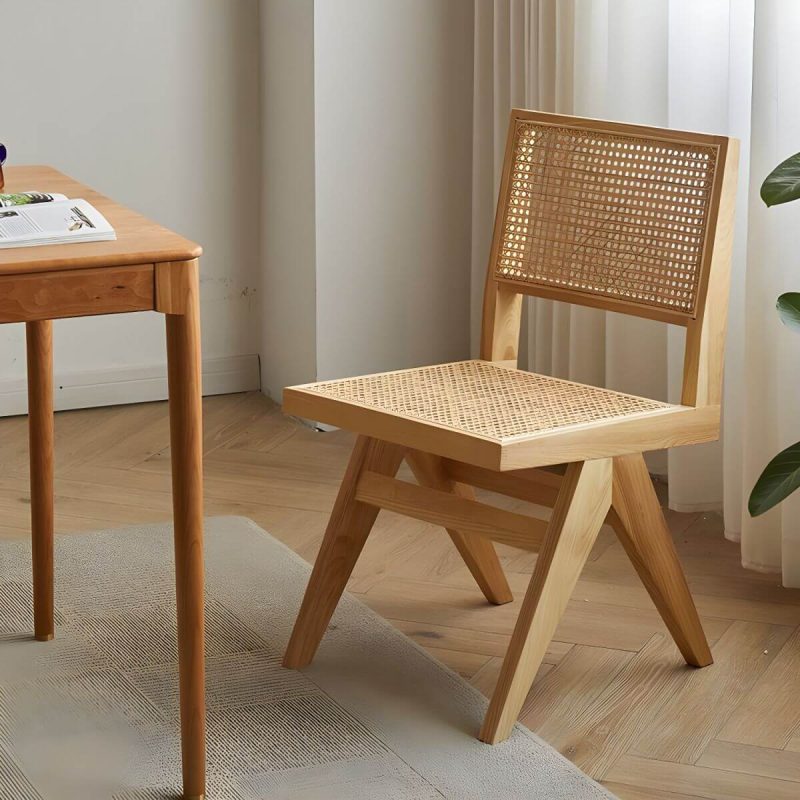 "Vine Woven Modern Courtyard Dining Chairs solid Wood Frame for Outdoor - Natural Finish Armless"