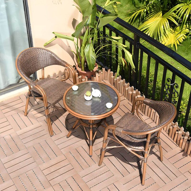 "Contemporary Brown Dining Table Set 2 Woven Chairs for Courtyard - Table & Chair(s) 2 Brown"