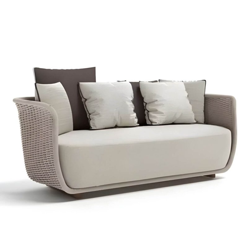 "Rattan Water Resistant Patio Sofa Symmetrical with Cushions for Outdoor - Khaki 2-Seater Sofa"