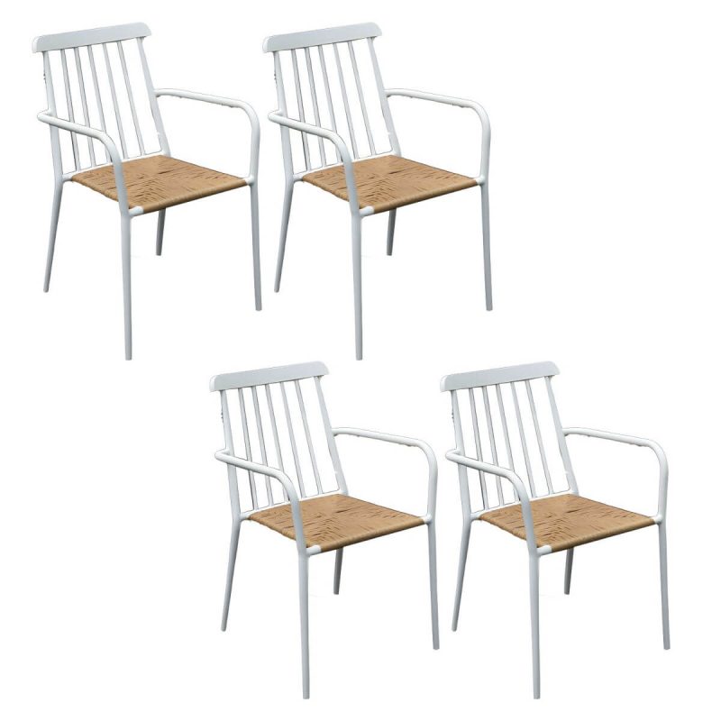 "Tropical Metal Arm Chair with Corrosion Resistant Construction for Outdoor Dining - White 4 Piece Set"