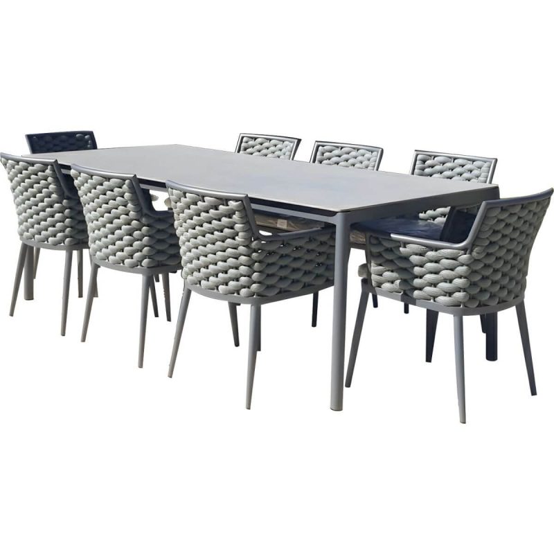 "Modern Grey Stone Patio Dining Table with Waterproof Durability and Umbrella Hole - 70.9"L x 35.4"W x 29.5"H Table Only"