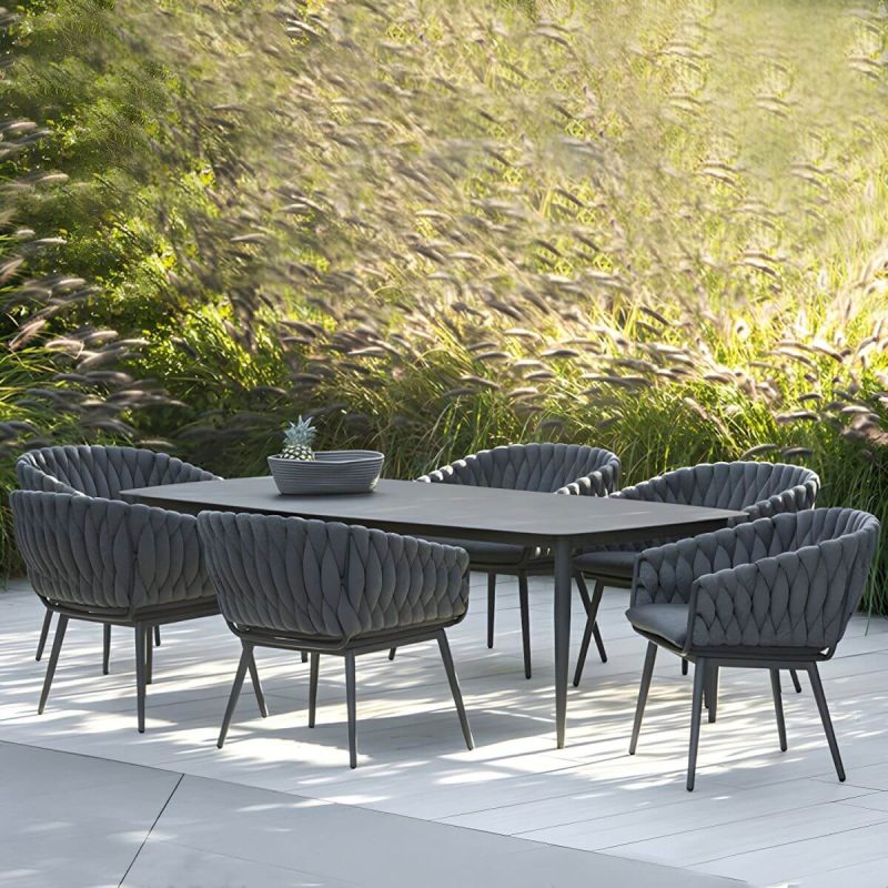 "Modern Gray Aluminum Arm Chair with Sling Back for Outdoor Dining - 1 Piece"