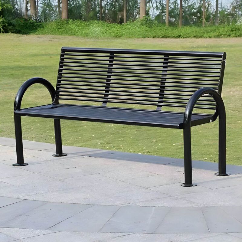 "Industrial Metal Park Bench with Waterproof Durability, Arms, and Back - Black"