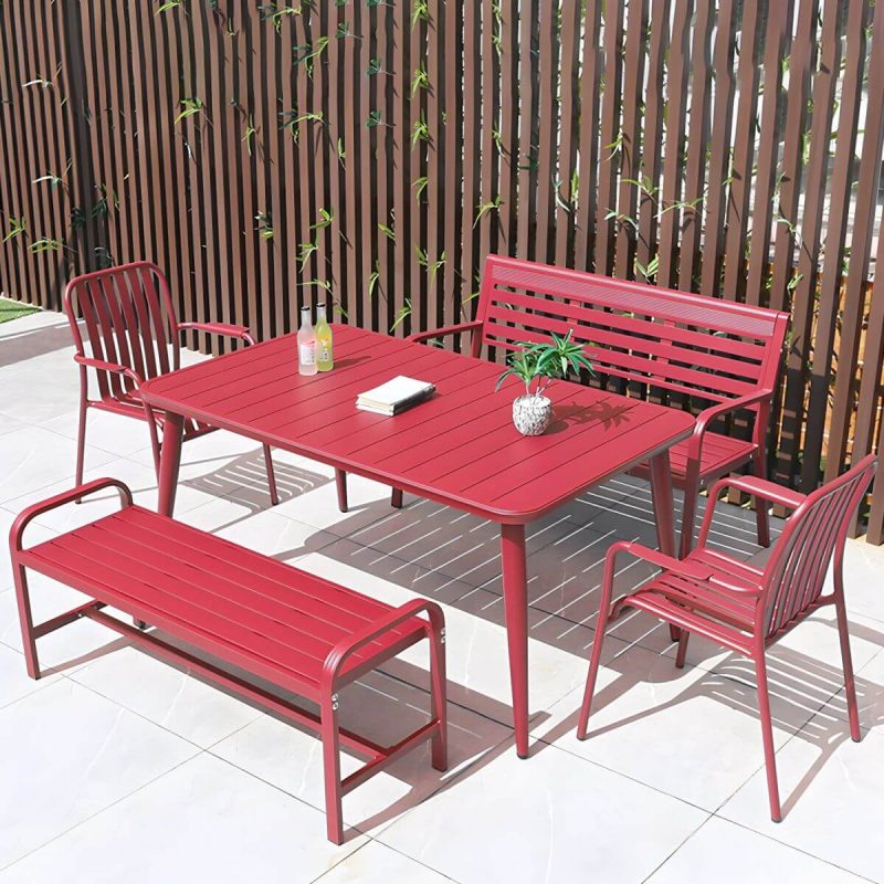"Sleek Metal Outdoor Dining Set Rectangular Table with 2 Stylish Benches - Table & 2 Chairs & 2 Benches 59"L x 35"W x 29"H Red"