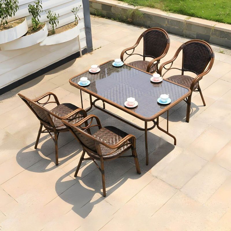 "Modern Brown Glass Top Patio Table Set Metal 4 Legs for Outdoor - Table & Chair(s) 47.2"L x 31.5"W x 29.5"H 4"