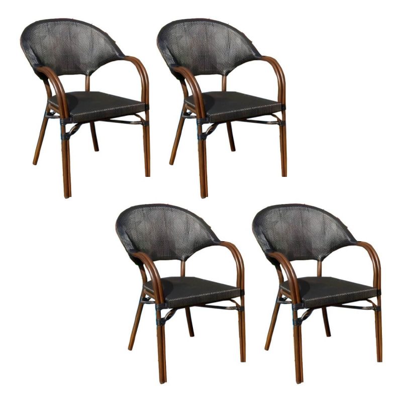 "Traditional Arm Cane Back Dining Chair Stackable for Outdoor - Black 4 Piece Set"