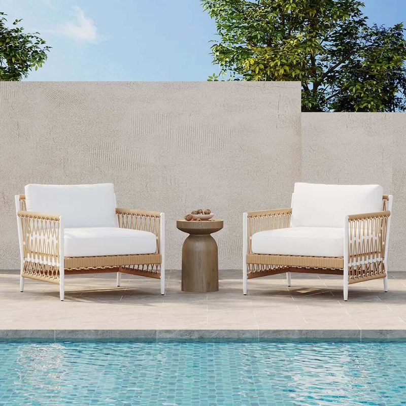 "Ropipe Outdoor Armchair with Hand Woven Rope & White Polyester Cushion"