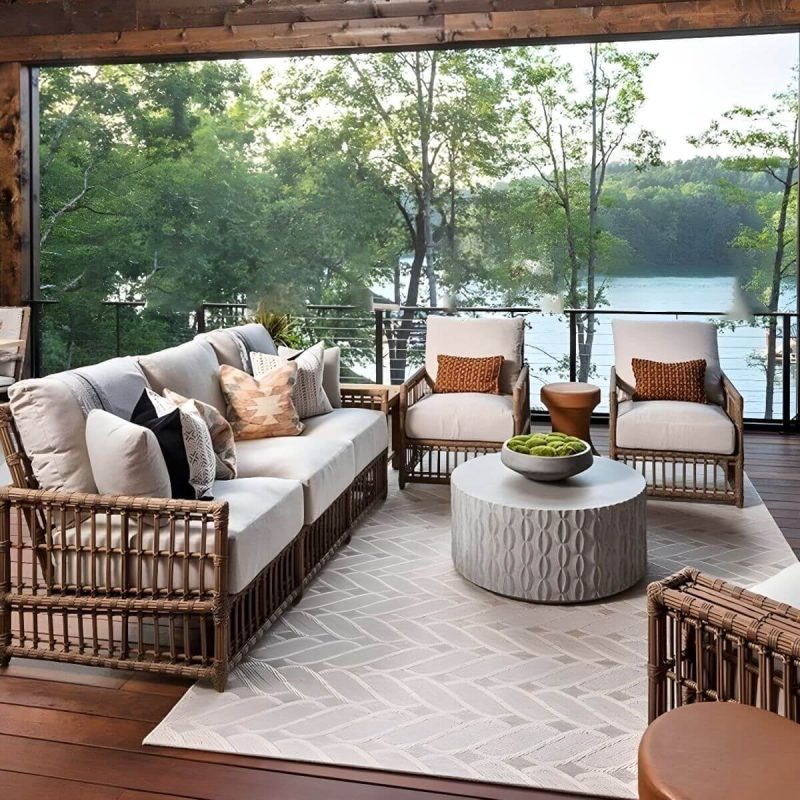 "Modern White Upholstered Wicker/Rattan Sofa with Waterproof Cushions and Pillows - High Back Sofa"